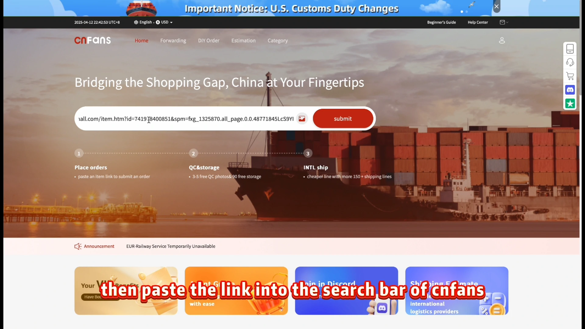 CNFans official video, 00:25: pasting a product URL into search. The offers and service allowances visible elsewhere in this historical screen are not current terms.