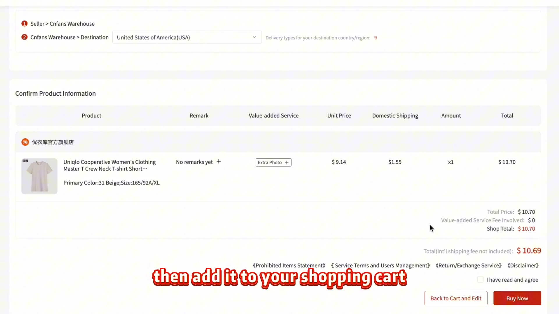 Official video, 00:40: reviewing the selected option, quantity, domestic delivery and order total before submission. The total explicitly excludes international shipping.