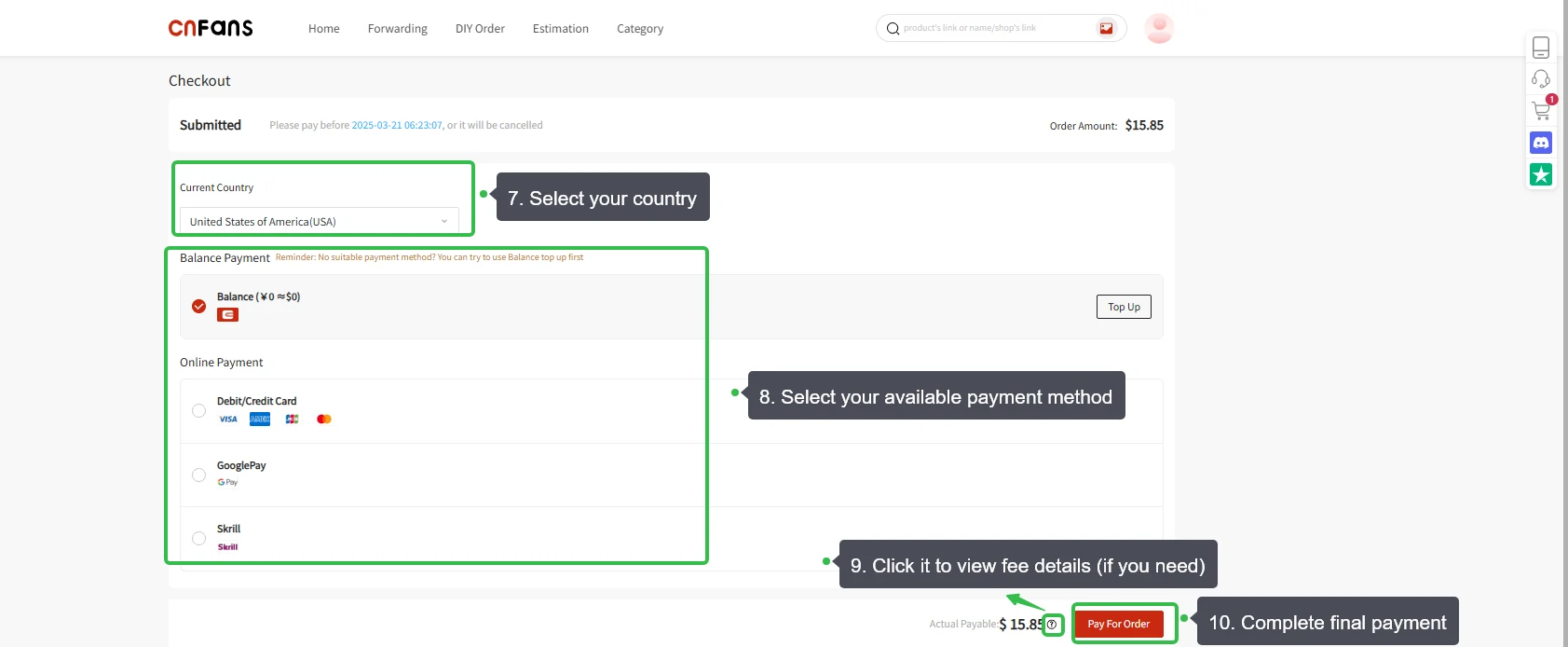Historical official annotated payment screen, supplied for the earlier guide: country, payment method, fee details and confirmation. This is not a video frame; its methods, amounts and deadline are historical.