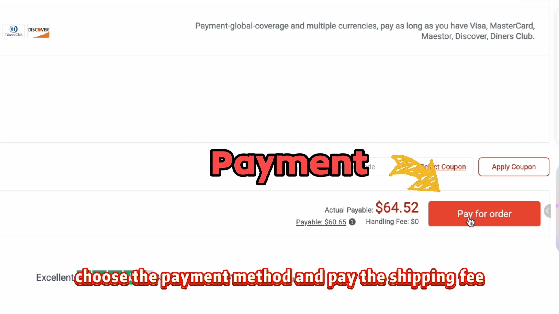 Official video, 01:36: the international shipping payment example. The video labels this shipping fee; the displayed amount is not a quote for your parcel.