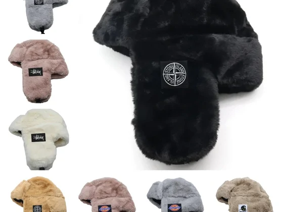 Shaggy-pile trapper hats with ear flaps in black, grey, pink and tan