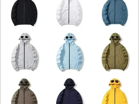 Zip-up hoodies with built-in goggle lenses on the hood, in nine colours
