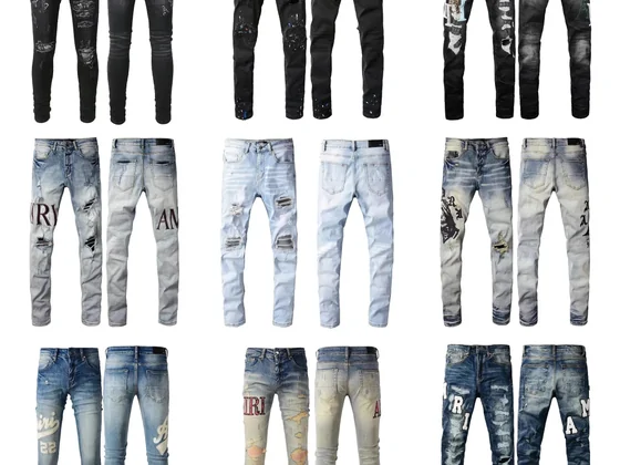 Distressed jeans in light and dark washes with painted details