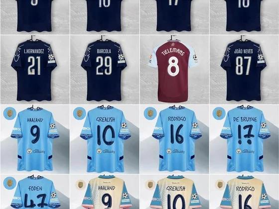 Football shirts with names and numbers printed on the back, navy and sky blue
