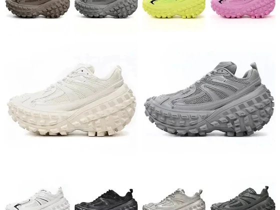Chunky trail trainers with thick ridged soles in white, grey and neon