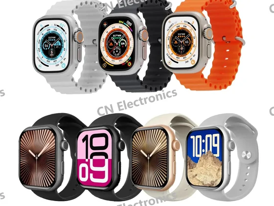 Square smartwatches with sport bands, one in bright orange