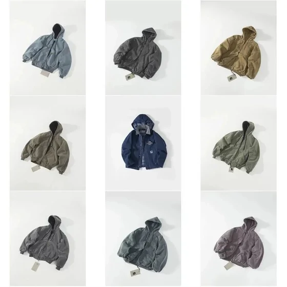 Nine seller jacket options in a three-by-three grid, including a blue jacket in the centre
