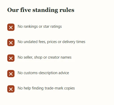 Five red crosses listing what this site will not publish