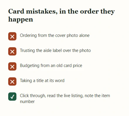 Checklist of four card mistakes marked with red crosses and one good habit with a green tick