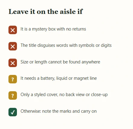 Checklist of items to skip, with red crosses, amber question marks and one green tick