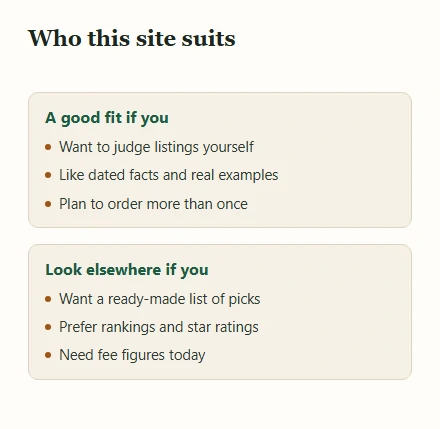 Two panels describing readers this site suits and readers who may prefer another site