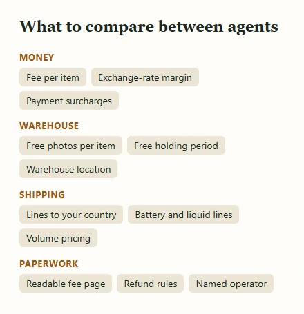 Four groups of labels: money, warehouse, shipping and paperwork points to compare between agents