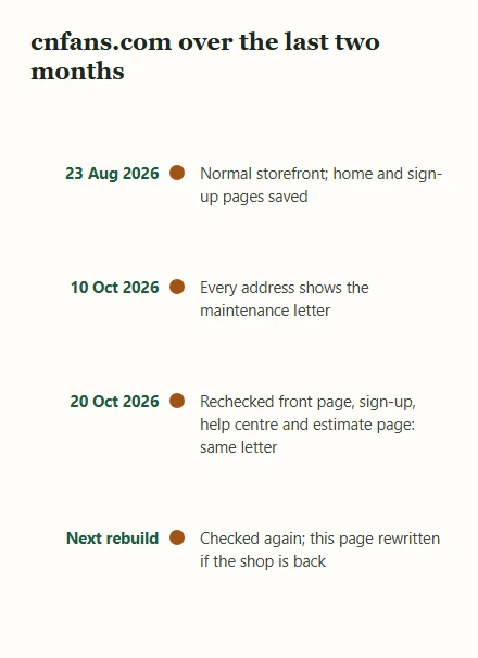 Timeline of the cnfans.com site from a normal storefront in August to the maintenance letter in October