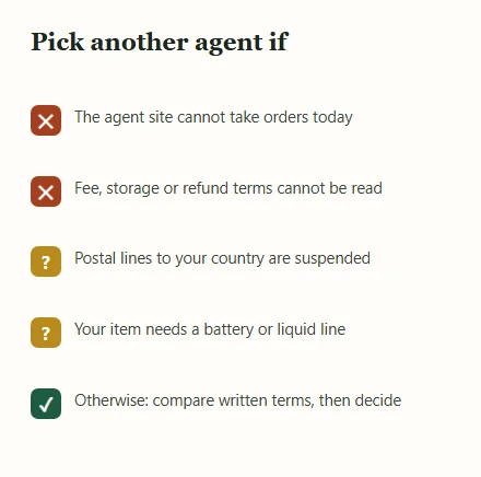 Checklist of reasons to choose a different agent, with red crosses, amber question marks and one green tick