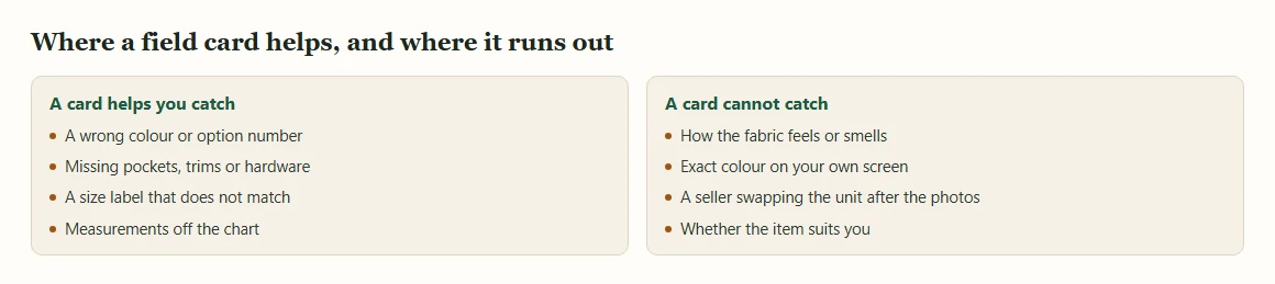 Two panels listing what a field card helps catch and what it cannot