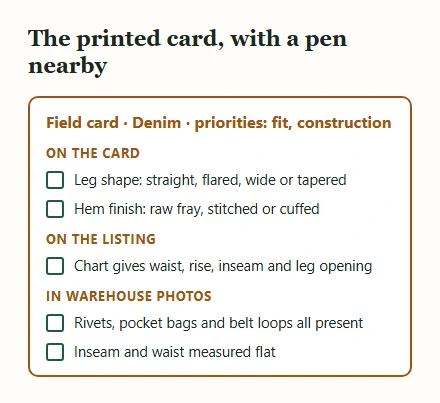 A printed field card for denim with tick boxes for card, listing and warehouse checks