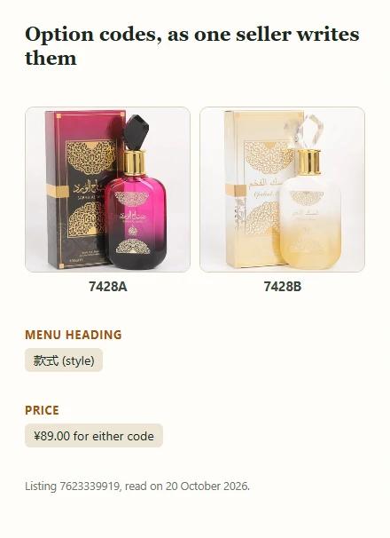 Two option photos of perfume bottles with their boxes, labelled with the codes 7428A and 7428B