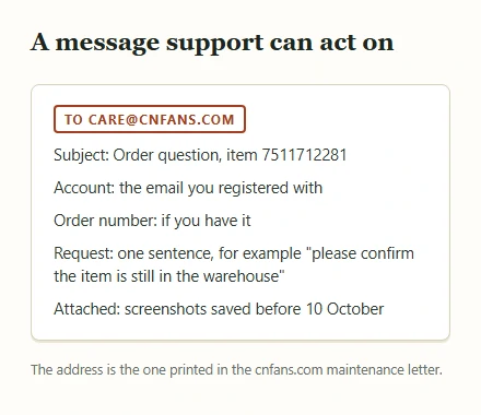 A short structured email to CNFans support with subject, account, order number, request and attachments