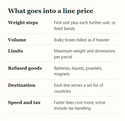 Six rows naming the inputs to an international line price: weight steps, volume, limits, refused goods, destination, speed and tax
