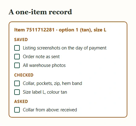 A record card for one item listing what was saved, what was checked and what was asked