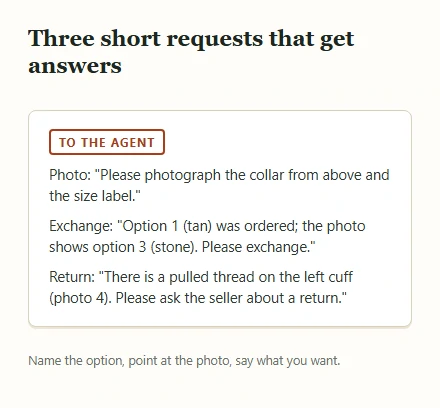 Three short sample messages asking for a photo, an exchange and a return
