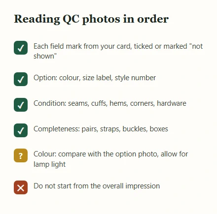 Checklist for reading warehouse photos: field marks, option, condition, completeness, colour, and a reminder not to start with the overall impression