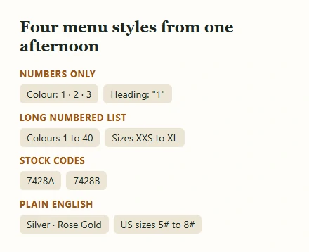 Four groups of chips showing option menus written as numbers, a long numbered list, stock codes and plain English